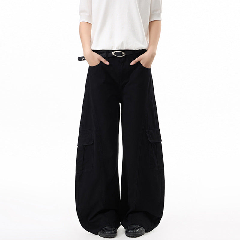 Damen Extraweite Hochtaillierte Cargo-Palazzo-Hose aus Baumwoll-Twill mit Pattentaschen Nord Taschen