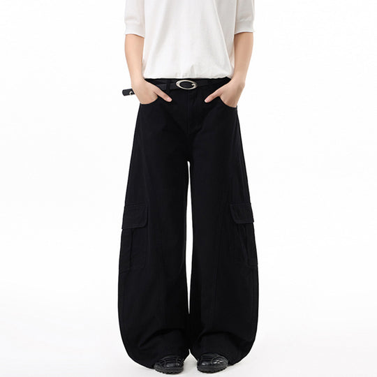 Damen Extraweite Hochtaillierte Cargo-Palazzo-Hose aus Baumwoll-Twill mit Pattentaschen Nord Taschen