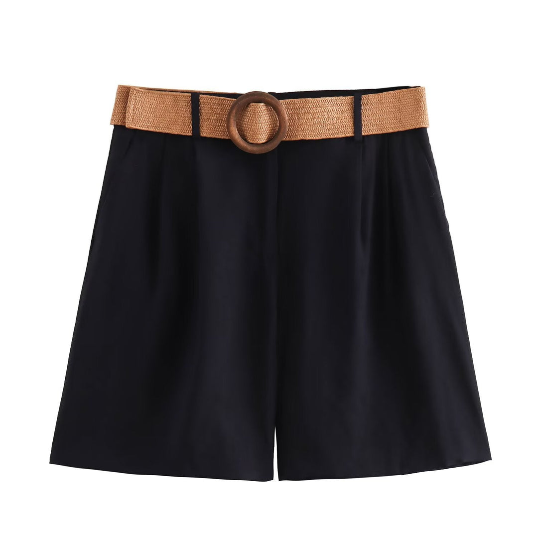 Damen elegante Shorts mit breitem, geflochtenem Gürtel