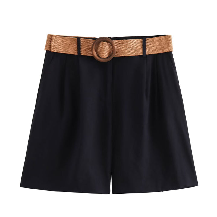 Damen elegante Shorts mit breitem, geflochtenem Gürtel