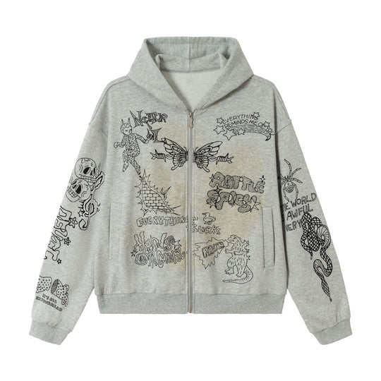 Damen Oversize-Kapuzenjacke mit Reißverschluss, hohem Kragen und grafischen Tattoo-Prints Nord Taschen