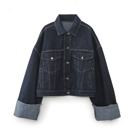 Damen 1700+ Cropped Jeansjacke mit überlangen Umschlagmanschetten und kastiger Silhouette Nord Taschen