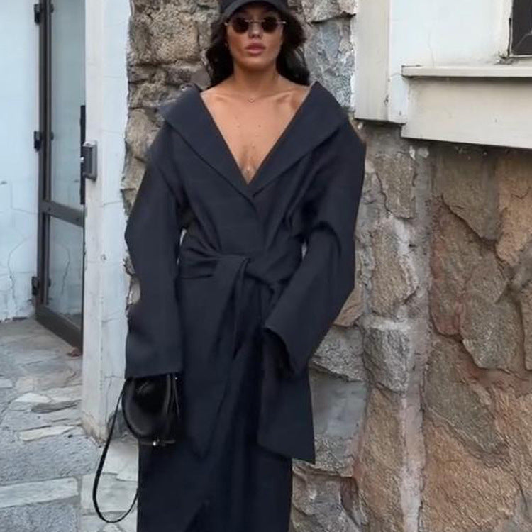 Damen Oversize Wickelmantel mit weitem Schalkragen und Bindegürtel Nord Taschen