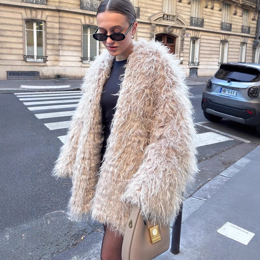 Damen Oversize lockiger Kunstpelz-Mantel im Shaggy‑Look Nord Taschen