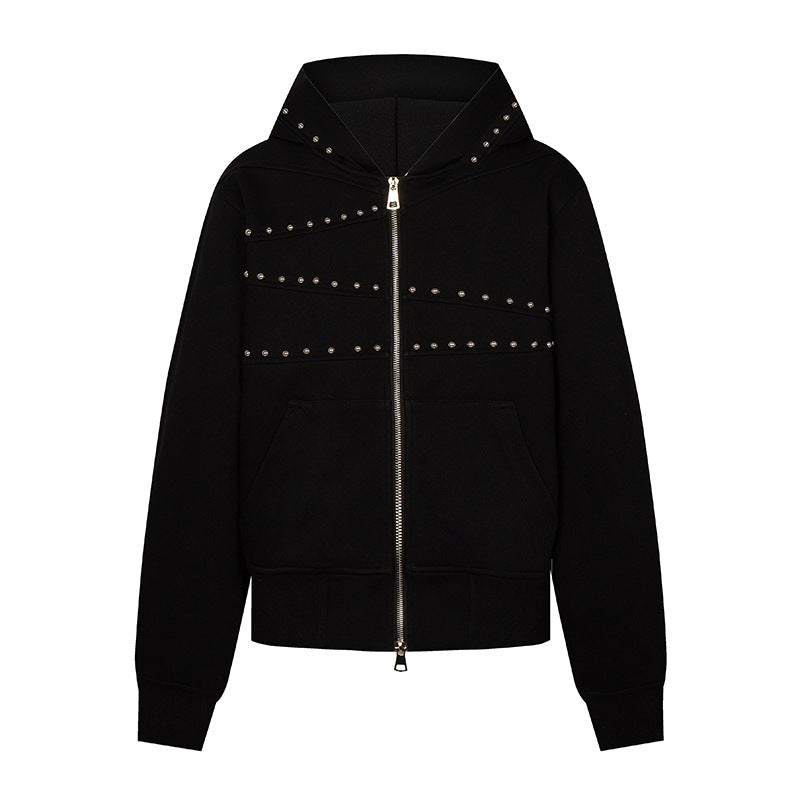 Damen Kapuzen-Sweatjacke mit Nietenbesatz, durchgehendem Reißverschluss und Kängurutaschen Nord Taschen