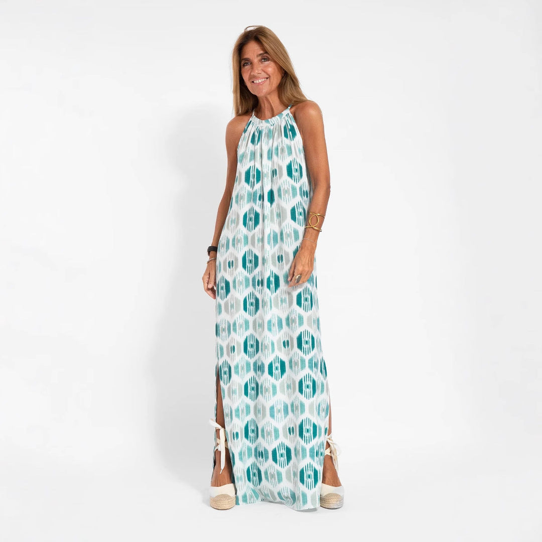 Damen Langes Leinenkleid mit schulterfreier Trägerkonstruktion und flirtendem Schlitz