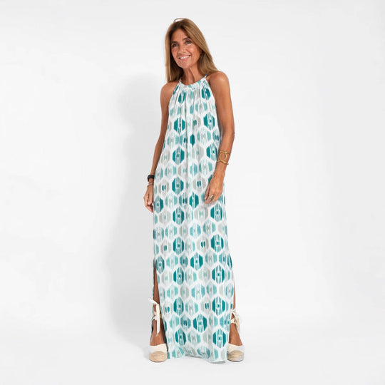 Damen Langes Leinenkleid mit schulterfreier Trägerkonstruktion und flirtendem Schlitz
