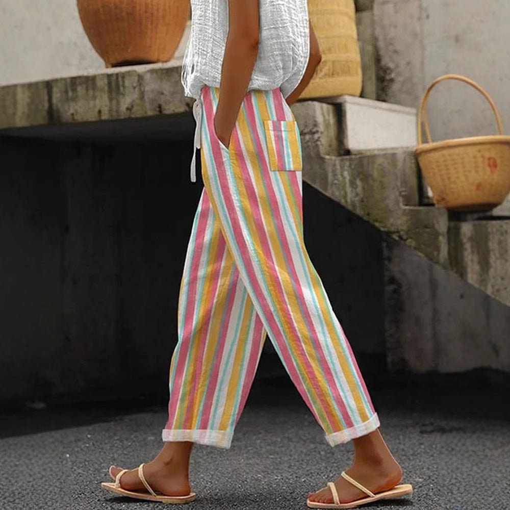 Damen Weite Leinenhose mit handgewNord Taschentem Muster