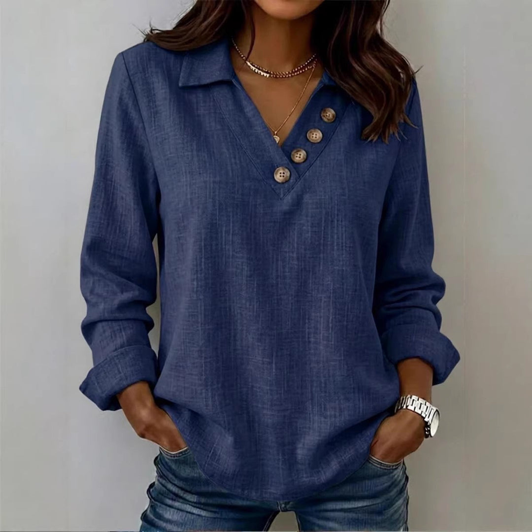 Damen Lässiges V-Ausschnitt-Blusenshirt mit Hemdkragen und asymmetrischer Zierknopfleiste Nord Taschen