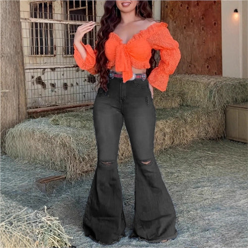 Damen Hochtaillierte Schlaghose-Jeans mit ausgestelltem Bein, Knie-Rissen und figurformendem Stretchbund Nord Taschen