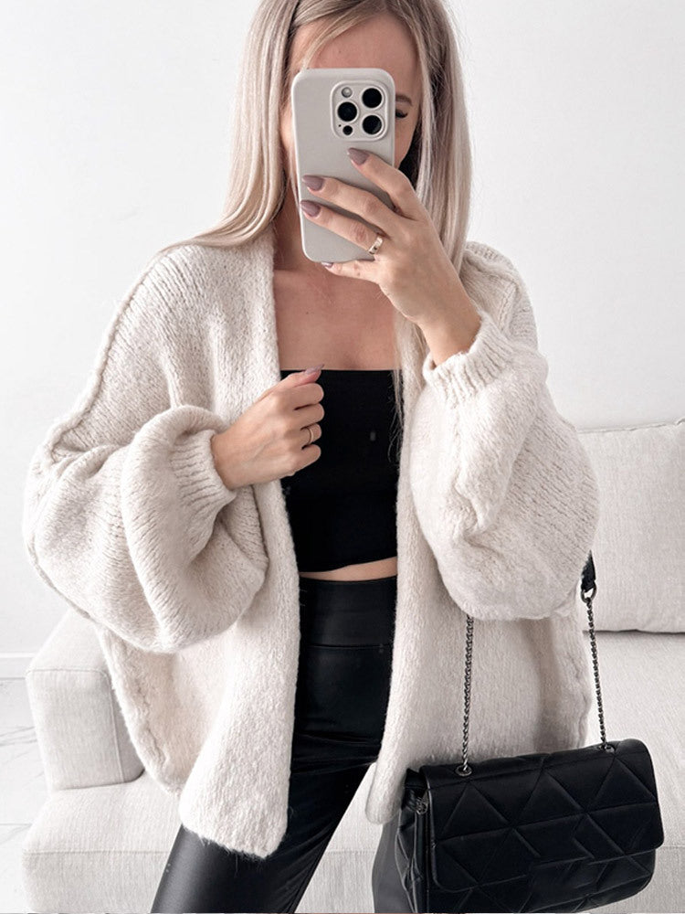 Damen Oversize Strickcardigan mit voluminösen Ballonärmeln und teddyähnlicher Struktur Nord Taschen