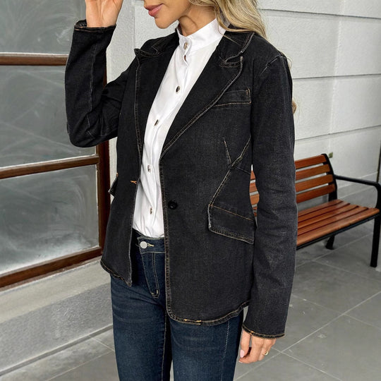 Damen taillierter Denim-Blazer mit Ziernähten und Pattentaschen Nord Taschen