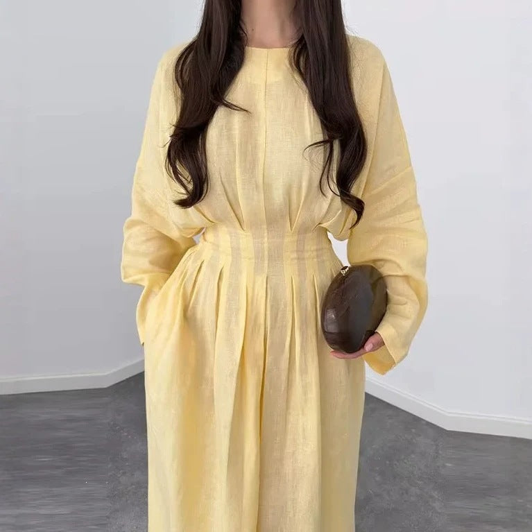 Damen Maxikleid mit plissierten Oberteilfalten, weitem Rock und langen Glockenärmeln Nord Taschen
