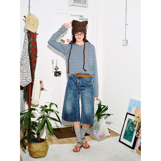 Damen Gestreiftes Langarm-Hoodie-Shirt mit V‑Ausschnitt und Kapuzenband Nord Taschen