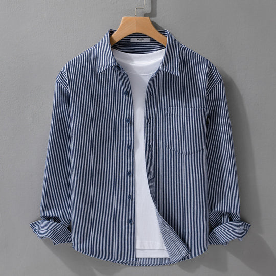 Herren Leichtes Nadelstreifen-Hemd im Layering-Overshirt-Stil mit Kentkragen und aufgesetzter Brusttasche Nord Taschen