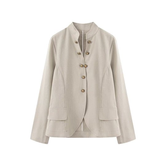 Damen Elegante Kurzjacke mit Stehkragen, Zierriegelknöpfen und Pattentaschen Nord Taschen