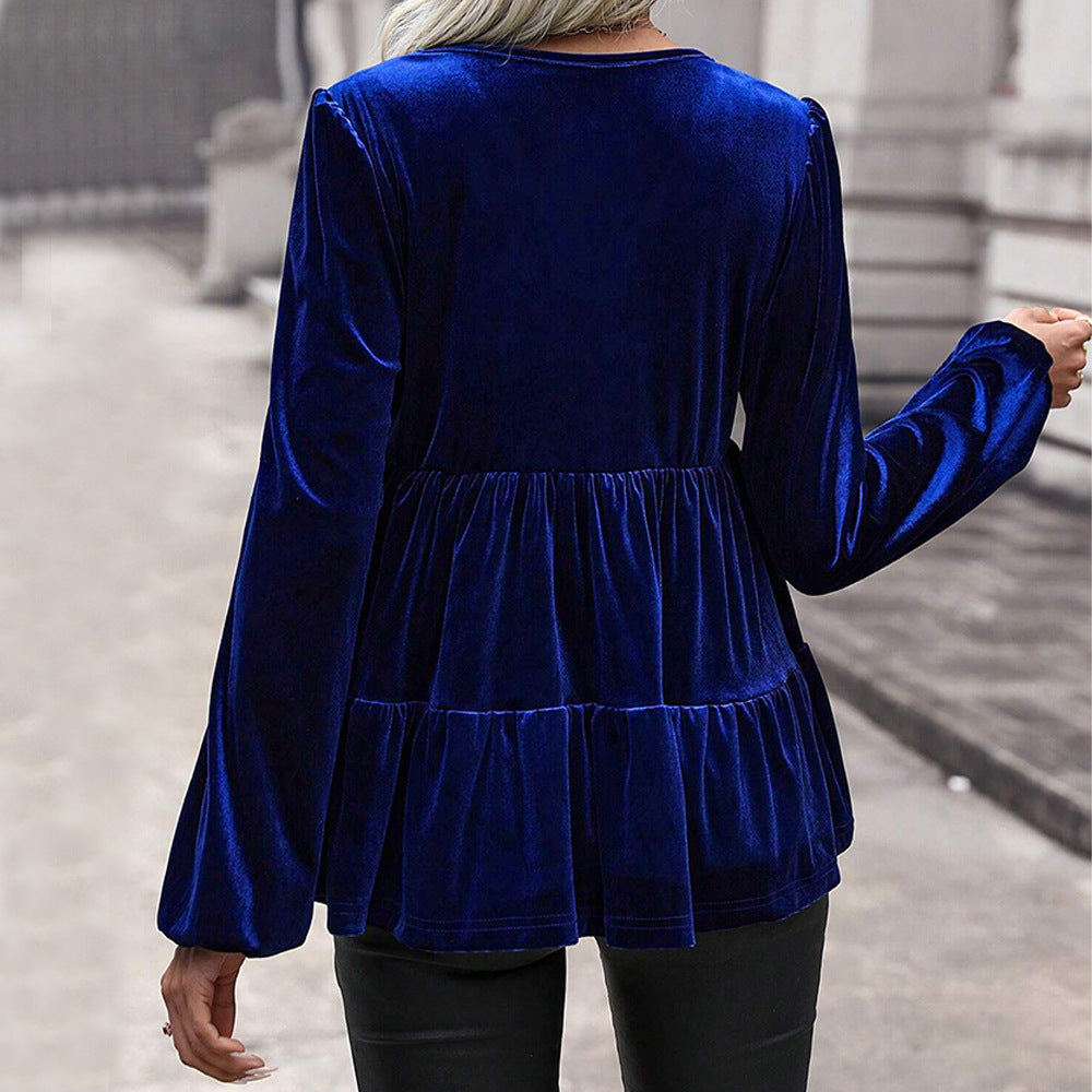 Damen samtiges Volant‑Peplum‑Top mit V‑Ausschnitt, geraffter Taille und langen Ballonärmeln Nord Taschen