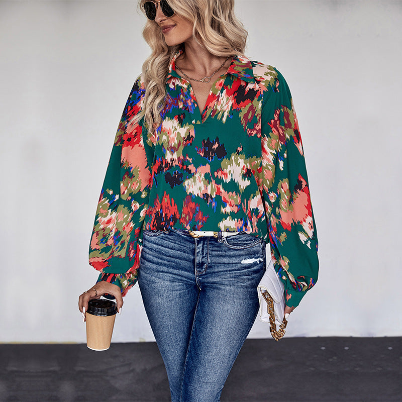 Damen Weites Blusenshirt mit Hemdkragen, abstraktem Print und Ballonärmeln Nord Taschen