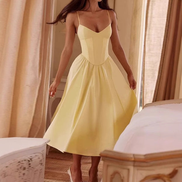Damen Elegantes A-Linien Midi-Kleid mit Spaghettiträgern und weichem Stoff