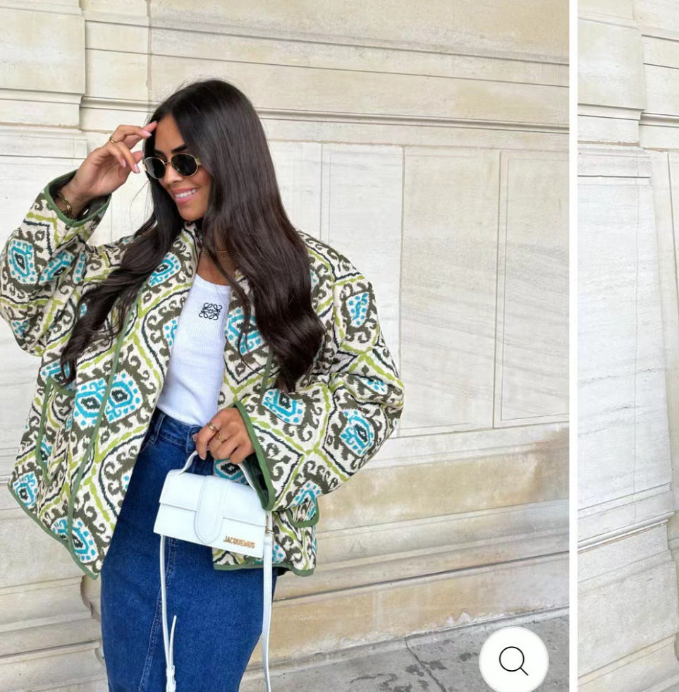 Damen Gesteppte Kimono-Jacke mit Ethno-Print, Kontrastpaspel und aufgesetzten Taschen Nord Taschen