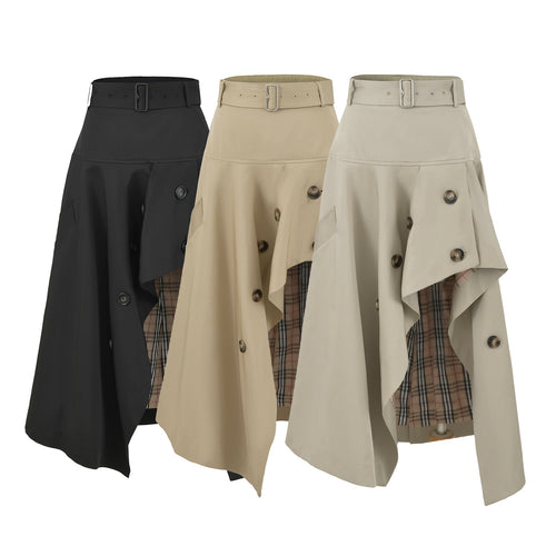 Damen Asymmetrischer Trench‑Rock mit Taillengürtel und dekorativen Knöpfen Nord Taschen