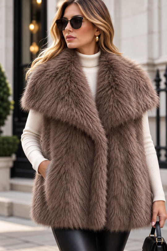 Damen Ärmellose Hochflor‑Kunstfellweste mit voluminösem Schalkragen und Eingrifftaschen Nord Taschen