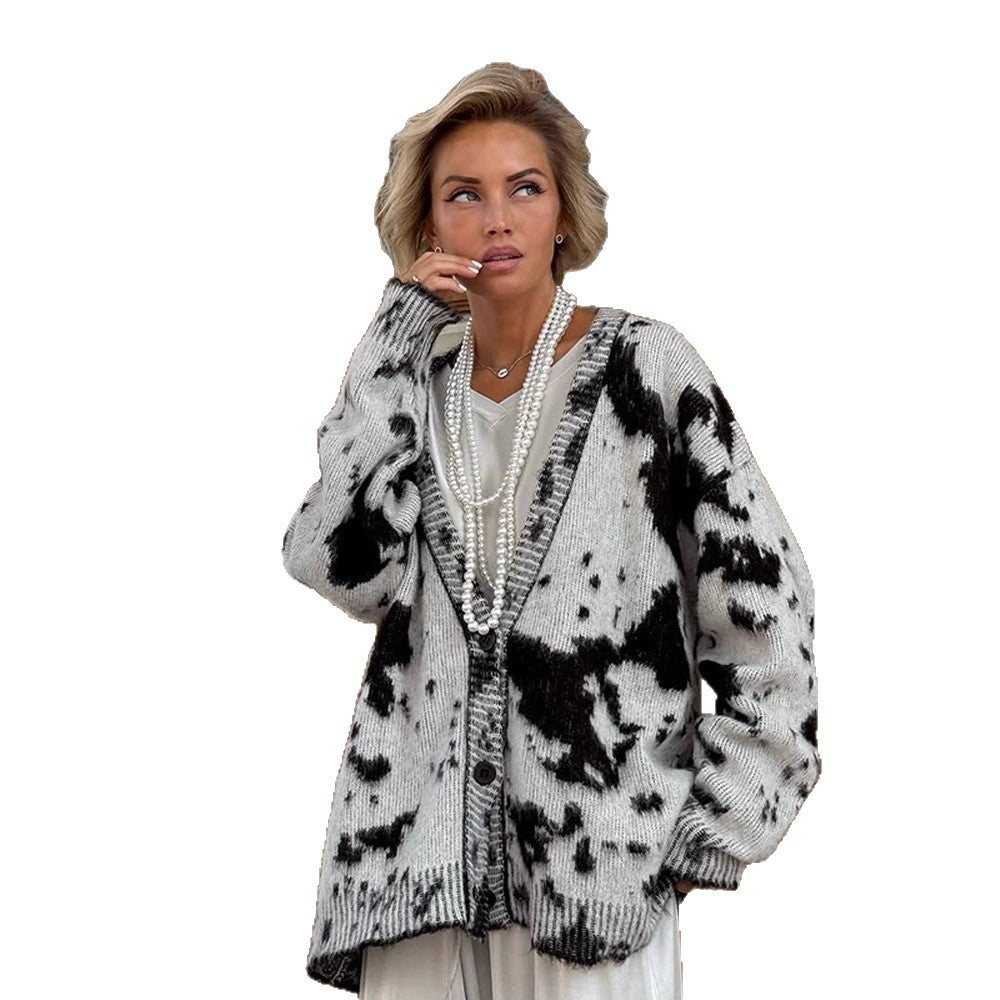 Damen Oversize Strickcardigan mit Batikmuster, V-Ausschnitt und Knopfleiste Nord Taschen
