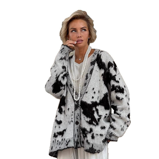 Damen Oversize Strickcardigan mit Batikmuster, V-Ausschnitt und Knopfleiste Nord Taschen
