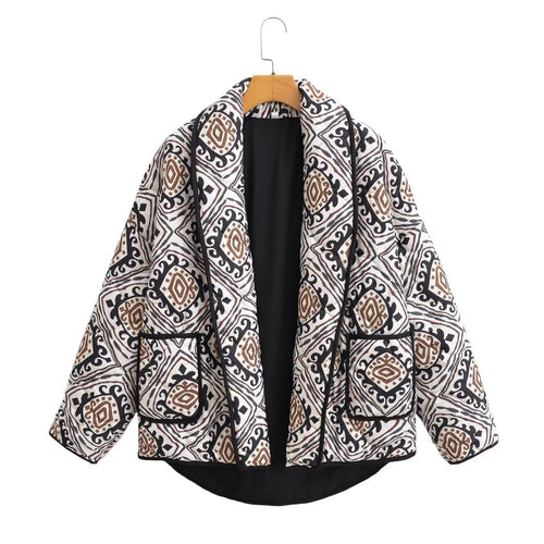 Damen Gepolsterte Kimono-Steppjacke mit Ethno-Print und Kontrastpaspeln Nord Taschen