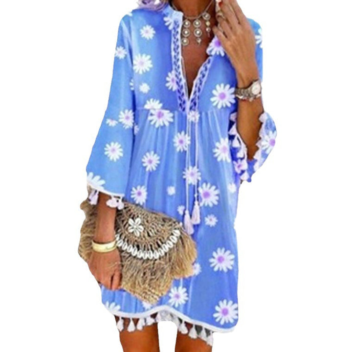 Damen Strandkleid mit floralen Motiven und Quastenverzierungen