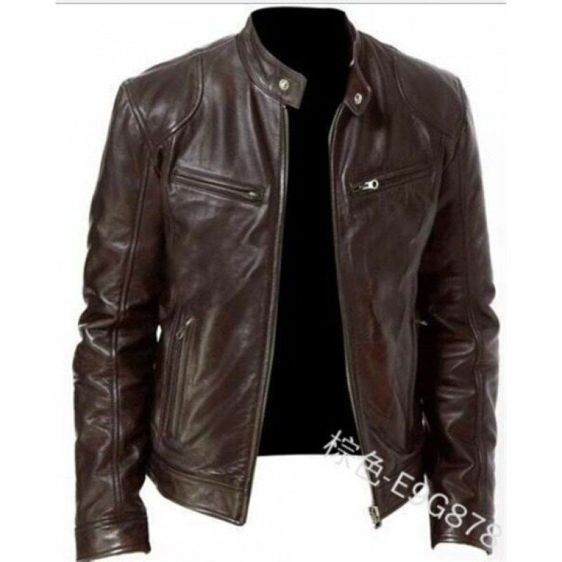 Herren schlanke Echtleder-Bikerjacke mit Stehkragen, zwei Brust-Reißverschlusstaschen und geradliniger Silhouette Nord Taschen