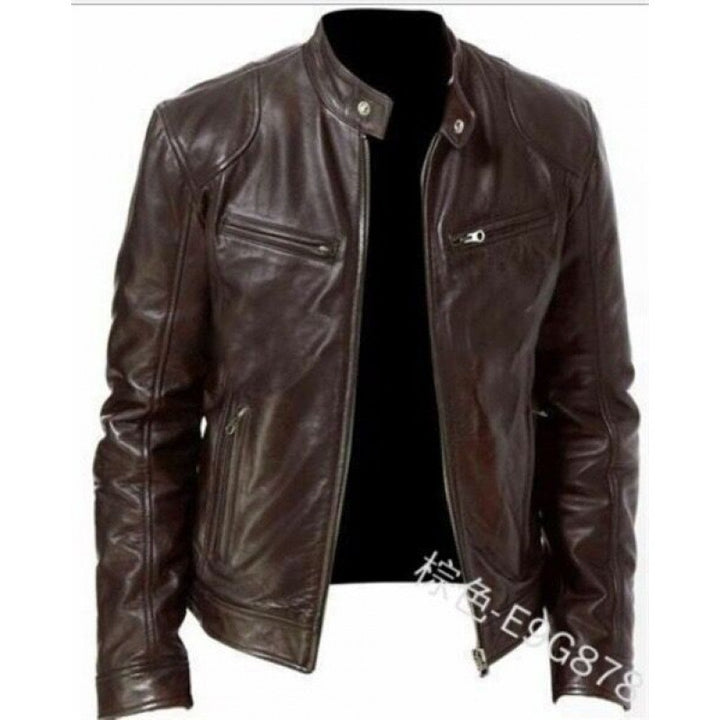 Herren schlanke Echtleder-Bikerjacke mit Stehkragen, zwei Brust-Reißverschlusstaschen und geradliniger Silhouette Nord Taschen