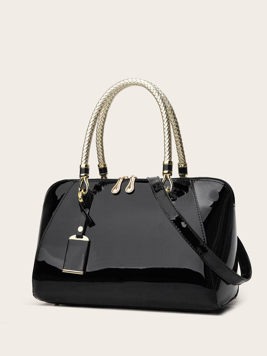 Damen Handtasche mit eleganter Lackoberfläche und geflochtenen Griffen Nord Taschen