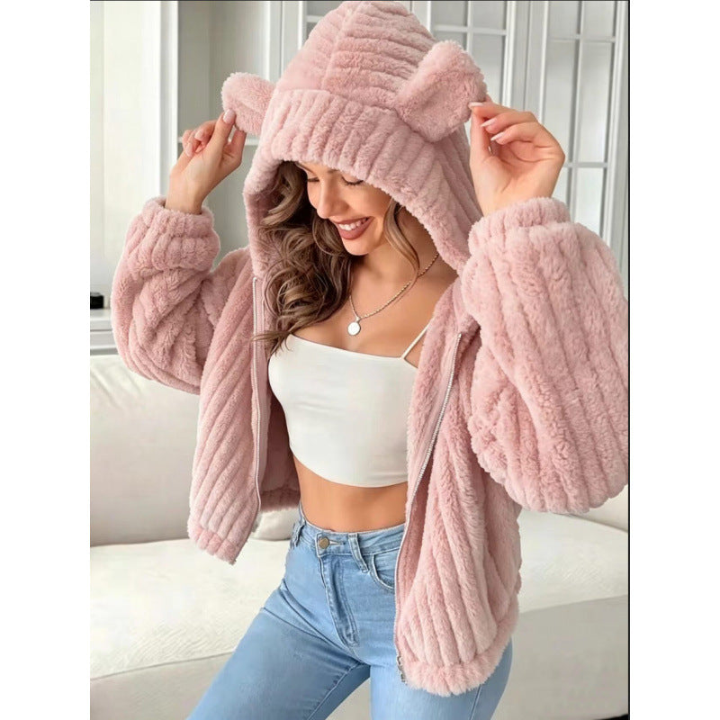 Damen Kuschelige Teddy-Kapuzenjacke mit Plüschstruktur und Kapuzenohren Nord Taschen