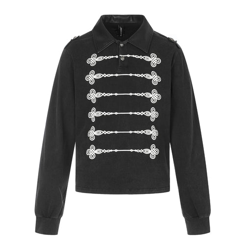 Damen Polo‑Sweatshirt im Military‑Style mit dekorativen Kordelprints und Lederkragen Nord Taschen