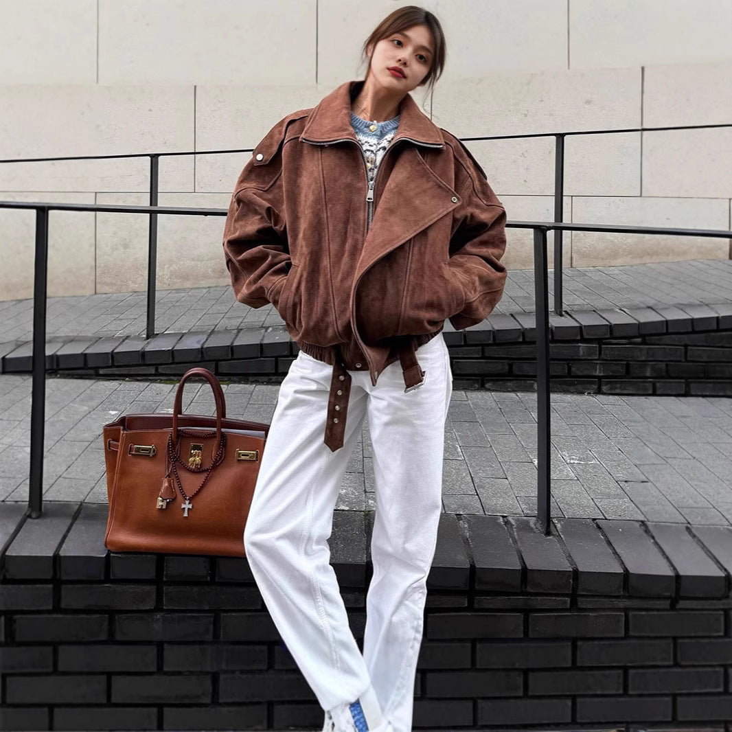 Damen Oversized Veloursleder-Bomberjacke mit Taillengürtel und Schalkragen Nord Taschen