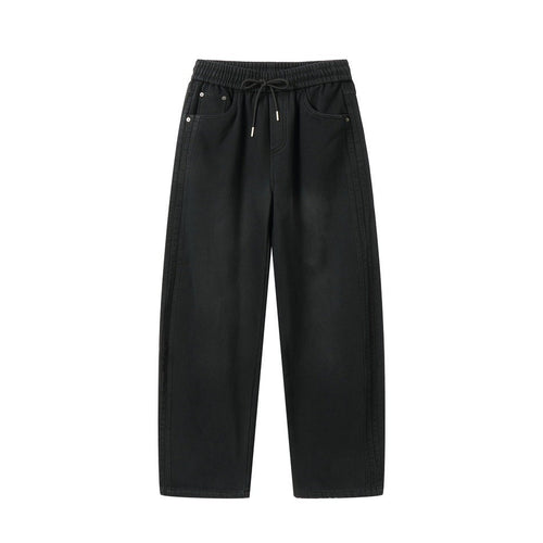 Damen Weite hochgeschnittene Jeanshose mit elastischem Bund, Kordelzug und Ziernähten Nord Taschen