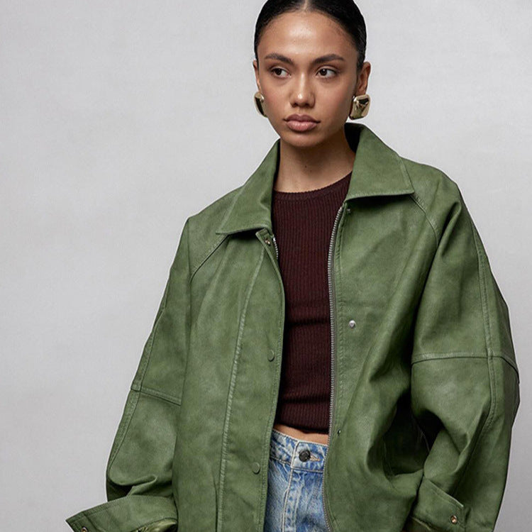 Damen Oversize-Lederimitatjacke im Boxy-Cut mit Raglanärmeln und Zweiwege-Reißverschluss Nord Taschen