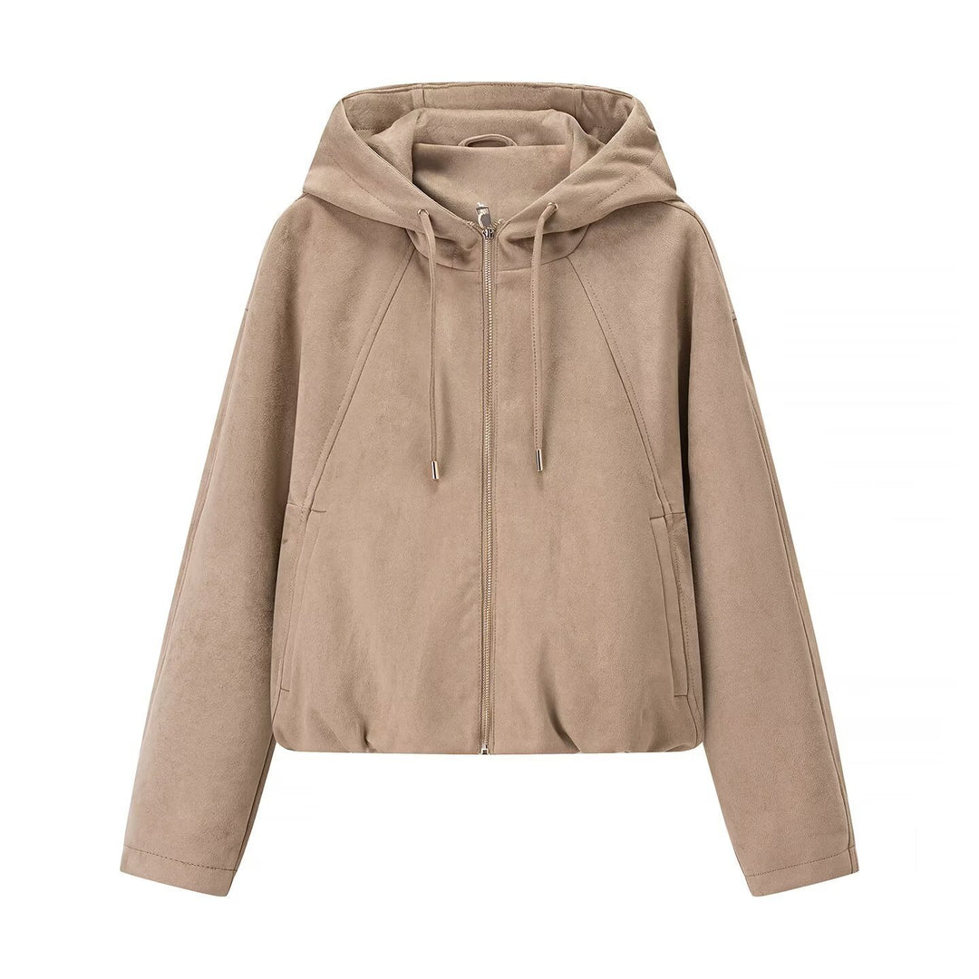 Damen Kurzjacke im Veloursleder‑Look mit Kapuze, Tunnelzug und Reißverschluss Nord Taschen
