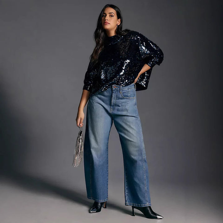 Damen hochgeschnittene weite Culotte-Jeans mit verkürzter Länge und dekorativen Nahtdetails Nord Taschen