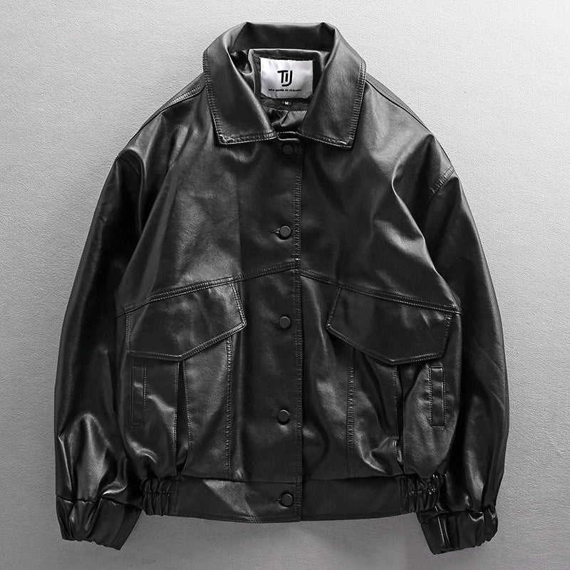 Herren Oversized Lederimitat-Utility-Jacke mit Pattentaschen und elastischem Saum Nord Taschen