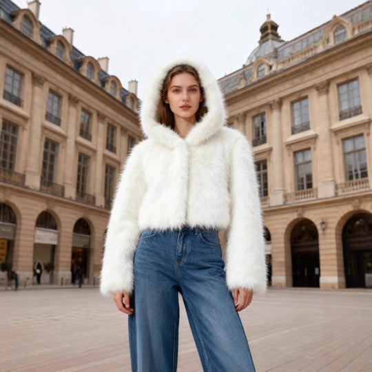 Damen Cropped Kunstpelzjacke mit Kapuze, glatter High‑Pile‑Optik und schmaler Saum Nord Taschen