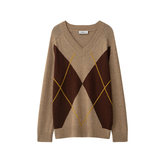 Damen Argyle V-Ausschnitt Pullover aus Feinstrick mit Raglanärmeln und Rippbündchen Nord Taschen