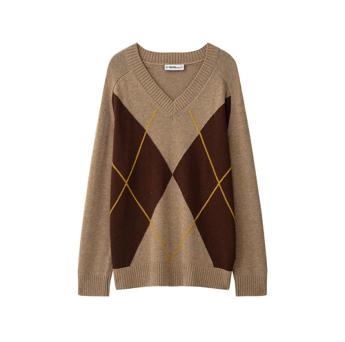 Damen Argyle V-Ausschnitt Pullover aus Feinstrick mit Raglanärmeln und Rippbündchen Nord Taschen