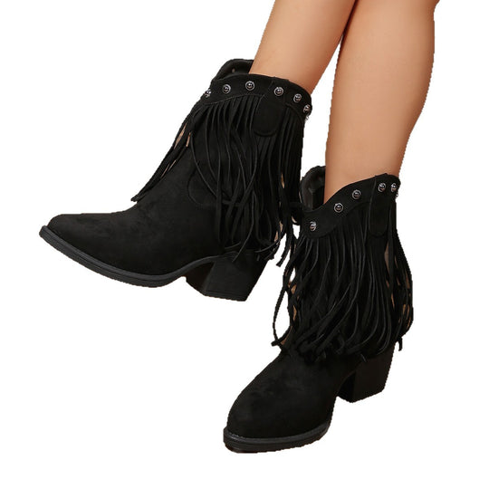 Damen  Cowboy-Ankle-Boots aus Veloursleder mit Fransen und Nietenbesatz mittelhoher Blockabsatz Nord Taschen