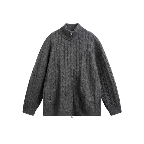 Unisex Grobstrick-Pullover mit Zopfmuster, hohem Stehkragen und Zwei-Wege-Reißverschluss Nord Taschen