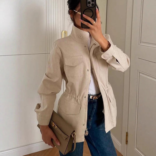 Damen Oversize Fieldjacke aus Wollmix mit Stehkragen und aufgesetzten Pattentaschen Nord Taschen