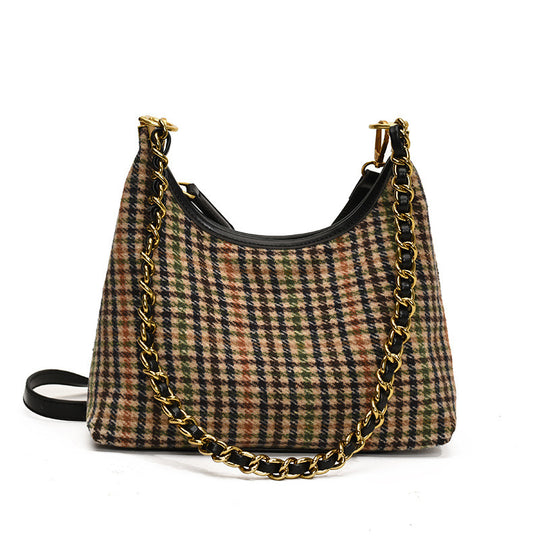 Damen Hobo-Tasche mit elegantem Karomuster und goldenen Kettenakzenten Nord Taschen