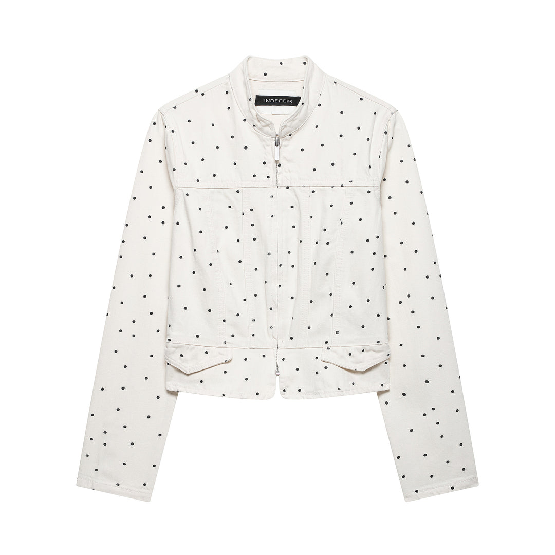 Damen Gepunktete Cropped Jeansjacke mit Stehkragen, Reißverschluss und Pattentaschen Nord Taschen