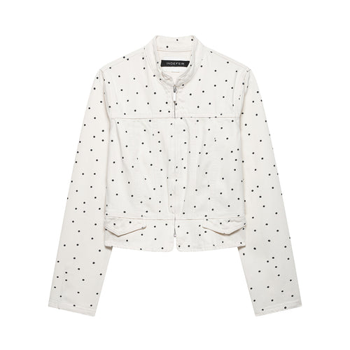 Damen Gepunktete Cropped Jeansjacke mit Stehkragen, Reißverschluss und Pattentaschen Nord Taschen